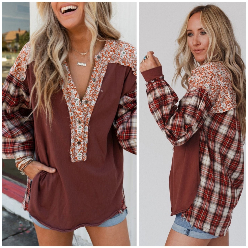 Womens Rust Patchwork Floral & Plaid Henley Top